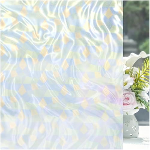 Stained Glass Window Privacy Film with Ripple, 17.5'' x 78.7'' | Non Adhesive, Removable Static Cling, UV Blocking, Decorative Frosted for Bathroom, Cabinets, or on Doors, Rainbow - color: 03 - Ripple Colorful, size: 17.5 x 78.7 Inch
