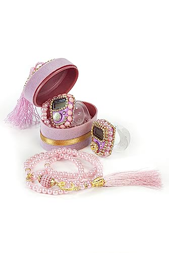 ihvan online Islamic Prayer Beads Gift Set – 99 Beads Tasbih & Digital Finger Counter in Velvet Gift Box, Muslim Dhikr Set, Meaningful Gift for Ramadan, Eid, Mevlid & Weddings (Pink) - color: Pink