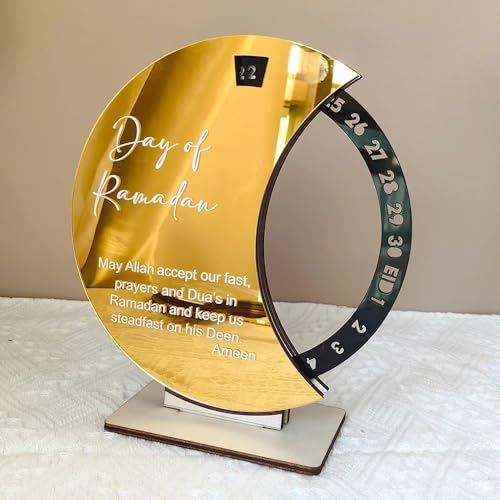 Ramadan Countdown Calendar, Acrylic Wooden Eid Mubarak Advent Countdown Calendar Rotating Moon Shaped Eid Calendar Ramadan Decorations Family Kids Gifts (Golden/black) - color: Golden/black
