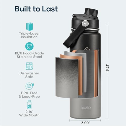 BUZIO 24 oz Water Bottle Insulated, Leakproof Stainless Steel Flask (Cold for 48 Hrs), Wide Mouth BPA-Free Metal Thermo Hydro Canteen with 2 Lids, Shadow - color: Shadow, size: 24 Ounces