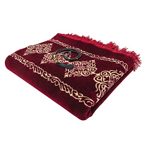 Modefa Turkish Islamic Prayer Rug - Large & Wide Soft Velvet Janamaz - Comfortable Muslim Praying Mat for Men & Women - Ramadan or Eid Gift - with Prayer Beads Tesbih - Grand Plush (Red) - color: Red