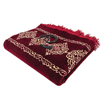 Modefa Turkish Islamic Prayer Rug - Large & Wide Soft Velvet Janamaz - Comfortable Muslim Praying Mat for Men & Women - Ramadan or Eid Gift - with Prayer Beads Tesbih - Grand Plush (Red) - color: Red