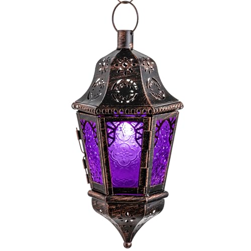 NEEDOMO Halloween Decorative Indoor Hanging Moroccan Lantern, 13.5'' Vintage Metal Candle Holder with 14.8" Chain, Ramadan Lanterns Decorative Indoor Outdoor for Home, Table, Patio, Porch (Purple) - color: Purple
