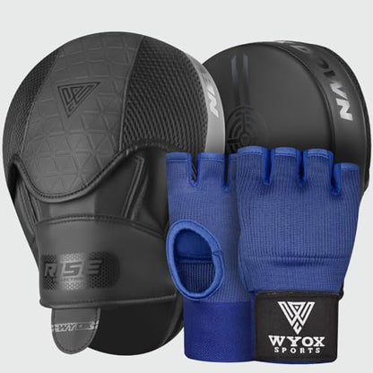WYOX Boxing Hand Wraps Inner Gloves & Curved Focus Mitts Bundle for Men & Women Adults – 80cm Wrist Support, Gel Padding, MMA Muay Thai Kickboxing Training Gloves & Pads