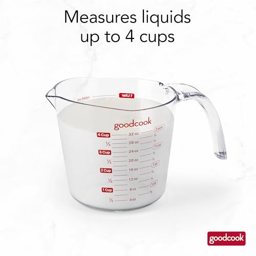 GoodCook Everyday 4-Cup Liquid Measuring Cup, Clear Plastic with Easy-to-Read Markings, Tapered Pour Spout, Comfortable Handle, Measures in Cups, Ounces, Pints, and Milliliters - color: Clear & Red, size: 4-Cup