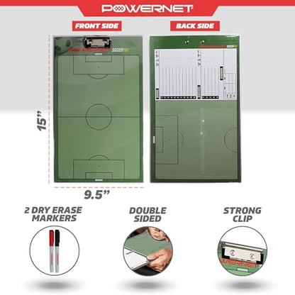 PowerNet Soccer Pro Coaching Board, Dry Erase Magnetic Clipboard, Built-in Line Up Card, Double Sided Weatherproof Soccer Coaching Board, Includes 2 Dry Erase Markers - style: Soccer