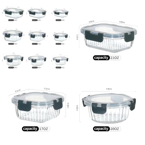 12-Piece Vertical Stripe Borosilicate Glass Food Storage Containers with Lids, Glass Meal Prep Containers, Leak-Proof Snap-Lock Sealed, BPA-Free, 10-35 oz Capacity (Mini) - size: medium