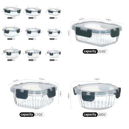 12-Piece Vertical Stripe Borosilicate Glass Food Storage Containers with Lids, Glass Meal Prep Containers, Leak-Proof Snap-Lock Sealed, BPA-Free, 10-35 oz Capacity (Mini) - size: medium