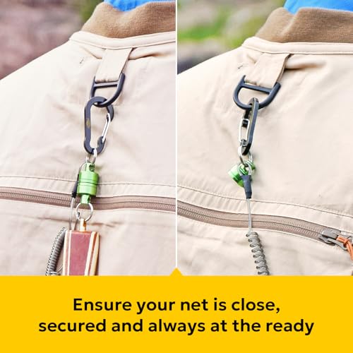 SF Strongest Magnetic Net Release Magnetic Keychain Fly Fishing Net Retractor Magnet Clip Holder Retractor with Retractable Coiled Lanyard Carabiner - color: Green Magnet+ Black Aluminum Alloy Hook