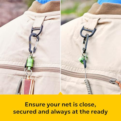 SF Strongest Magnetic Net Release Magnetic Keychain Fly Fishing Net Retractor Magnet Clip Holder Retractor with Retractable Coiled Lanyard Carabiner - color: Green Magnet+ Black Aluminum Alloy Hook