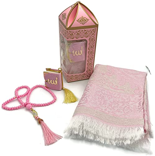 Hajj Gift Set Prayer Rug Janamaz Seccade Pearl Tasbeeh Prayer Beads and Car Decor Mini Quran 3pcs/Set (Pink) - color: Pink