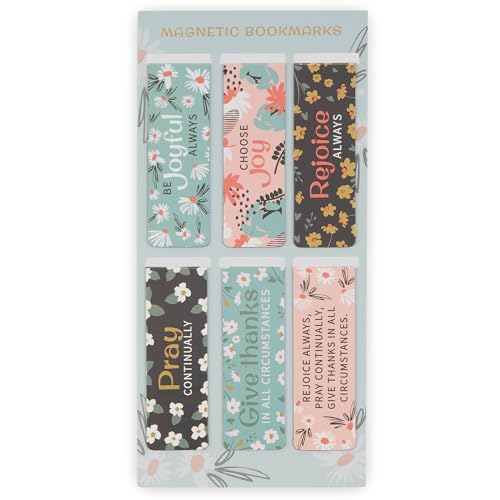 Christian Art Gifts Inspirational Magnetic Bookmark Pagemarker Set for Women: Be Joyful Always, Multicolor Florals & Encouraging Bible Verse Messages, Reading, Books, 6 Piece Set