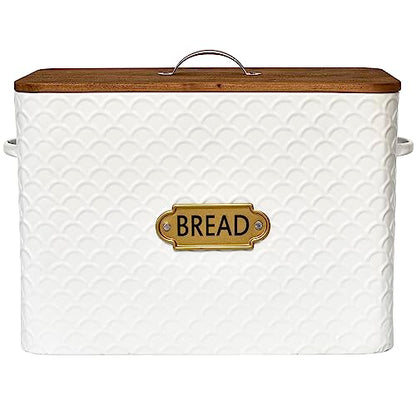 EMAX HOME Extra Large Space Saving Farmhouse Bread Box With Wood Lid - Holds 2 Loaves - Vertical Breadbox Bread Storage Bin Holder for Kitchen Countertop, White - color: Fish Scale Embossing