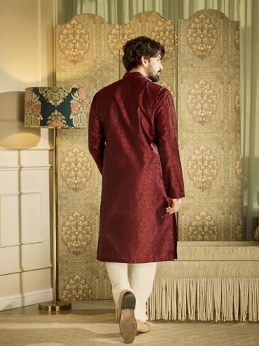 Sojanya (Since 1958 Men'S Teal Silk Blend Kurta Churidar Pyjama Set - color: Red and Off White, size: Medium