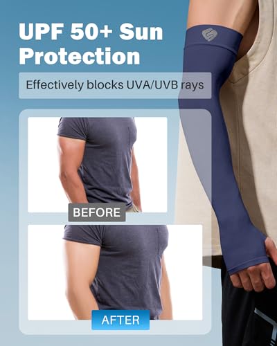 Arm Sleeves for Men Women UV Sun Protection Compression Arm Warmer Tattoo Cover Up, Sports Golf Cooling Sleeves - color: 1 Pair_navy Blue
