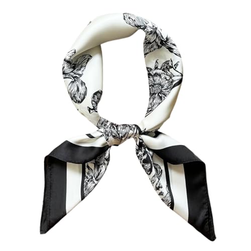 FONYVE Silk Feeling Scarf Medium Square Satin Head Scarf for Women 27.5 × 27.5 inches - color: 03 Black & White Flowers