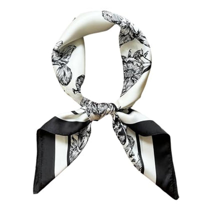 FONYVE Silk Feeling Scarf Medium Square Satin Head Scarf for Women 27.5 × 27.5 inches - color: 03 Black & White Flowers