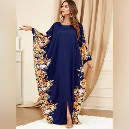 ODIZLI Ramadan Abaya for Women Muslim Batwing Sleeve Floral Print Prayer Dress Dubai Turkey Kaftan - color: Royal Blue
