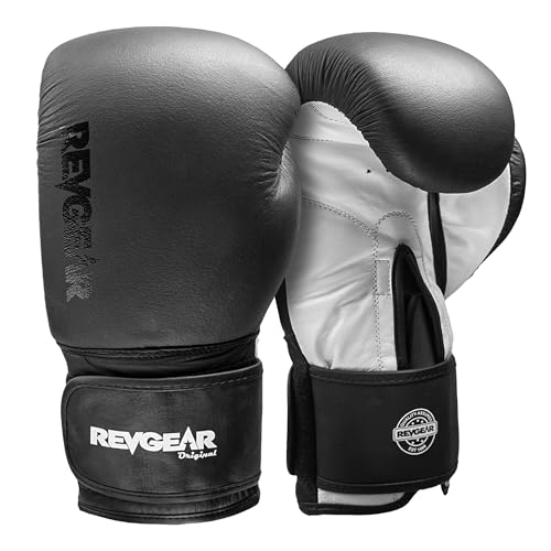 Revgear Pro Leather Boxing Gloves - Striking Boxing Training Gloves, Heavy Bag Gloves, Hook and Loop Wrist Support, Attached Thumb, Grip Bar -10500 - size: 14-Ounce