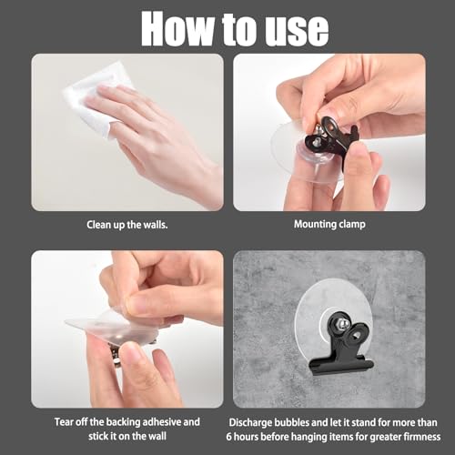 Self Adhesive Metal Clips, 12 Pcs Upgrade Strong self-Adhesive Clips for Hanging and Organization, Spring Clip for Paper Poster Tapestry Photo Wall Teacher Student Home Kitchen Office, Black - color: Black