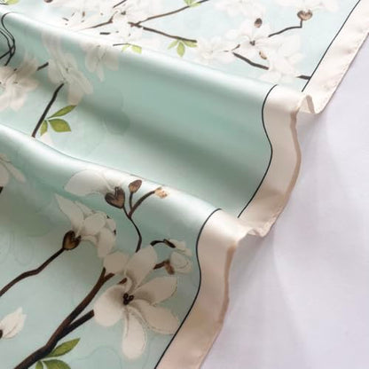 FONYVE Silk Feeling Scarf Medium Square Satin Head Scarf for Women 27.5 × 27.5 inches - color: 03 Light Green Floral