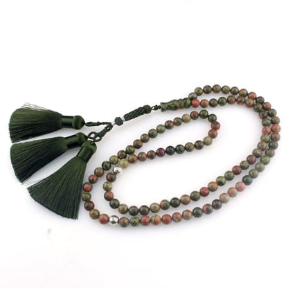Muslims Islamic Dhikr 99 Tasbeeh Tasbih Prayer Beads, Flower Green Stone Beads with Tassel