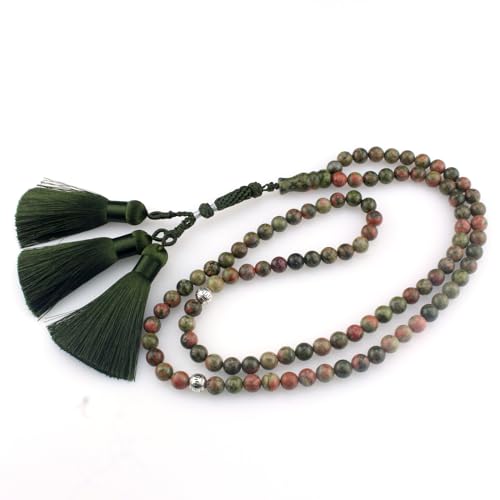 Muslims Islamic Dhikr 99 Tasbeeh Tasbih Prayer Beads, Flower Green Stone Beads with Tassel