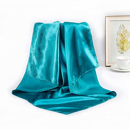AWAYTR 35” Large Satin Square Head Scarf - 2Pcs Silk Like Floral Head Scarves Square Satin Hair Scarf Bandanas for Women - color: Blue/Pale Blue