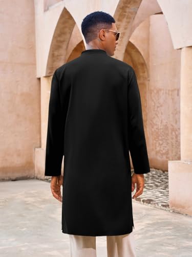 Yousify Mens Kaftan Thobe Casual Henley Shirts - color: Black, size: Medium