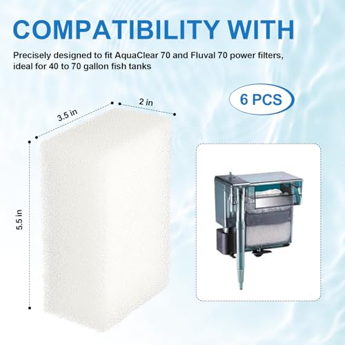 Aquarium Replacement Filter Sponge Media Pads, Foam Insert Compatible with AquaClear 70/Fluval 70 Power Filters, Reusable Fish Tank Filter Media for 40-70 Gallon Aquariums - 6 Pack