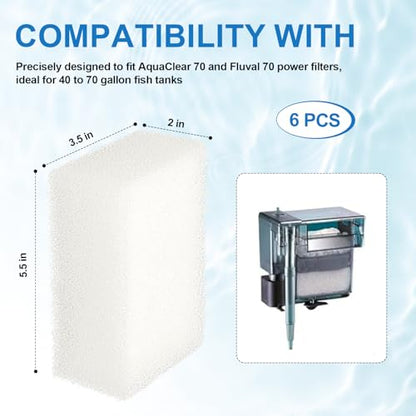 Aquarium Replacement Filter Sponge Media Pads, Foam Insert Compatible with AquaClear 70/Fluval 70 Power Filters, Reusable Fish Tank Filter Media for 40-70 Gallon Aquariums - 6 Pack