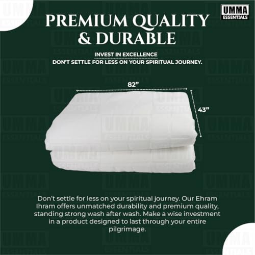 Ihram Ehram Ahram for Men, 100% Cotton, Hajj Umrah Ihram Ehram Towels, Hypoallergenic, Quick-Drying, Lightweight, Breathable, 2 Count, White, Adult Size 110 x 220cm = 43X86 inch