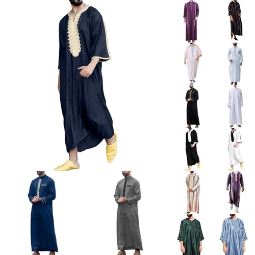 Muslim Robe for Men Arab Long Sleeve Kaftan Islamic Arabic Abaya Silk Thobe Ramadan Middle East Islamic Cloth Shirt Gown - color: #01-navy, size: Medium