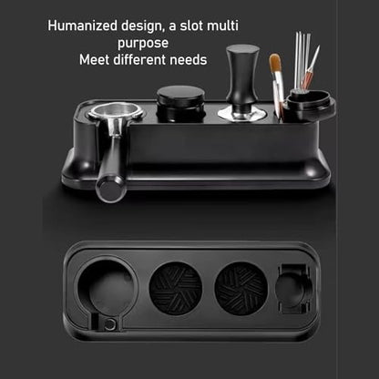 Aramox Coffee Tampering Station, ABS Material, Non Slip Silicone Mat, 51mm 53mm 58mm, Durable, with Small Accessories Storage Tank, for Desktop Protection (Black)