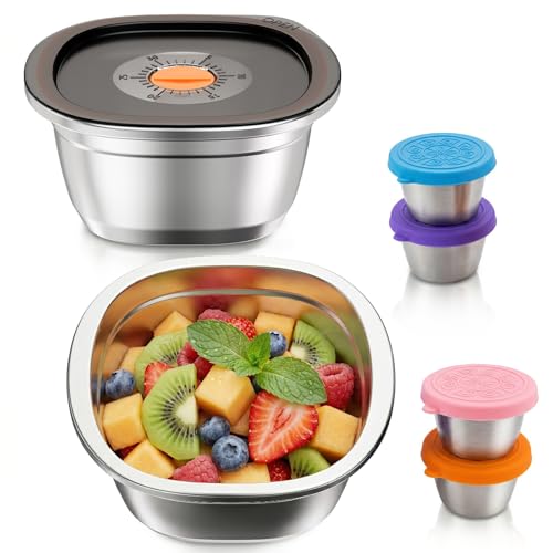 Stainless Steel Salad Bowls to go for Lunch Container Kit 50oz 2 Sets | 1500ML/ 50oz/ 6Cup 2 Pack Salad Bowls, 4 Dressing Container Cups Sets with Lids, Airtight, Leak-proof for Meal Prep - style: 2 Sets