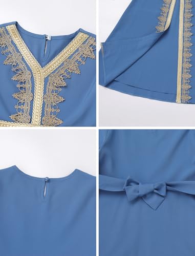 Muslim Dress for Kids Girls Abaya Middle East Ramadan Long Sleeve Lace Prayer Dress Arabic Kaftan with Belt - color: Blue, size: 3-4T