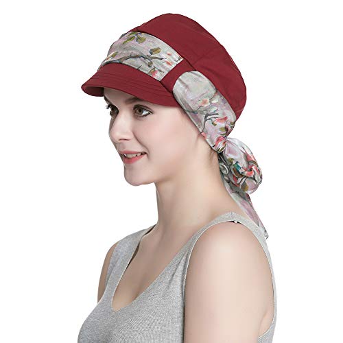 Alnorm Breathable Cotton Hat and Scarf Set Chemo Headwear for Women - color: Burgundy Plum Blossom