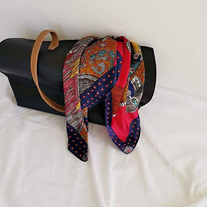 FONYVE Silk Feeling Scarf Medium Square Satin Head Scarf for Women 27.5 × 27.5 inches - color: 01 Dark Blue Edge