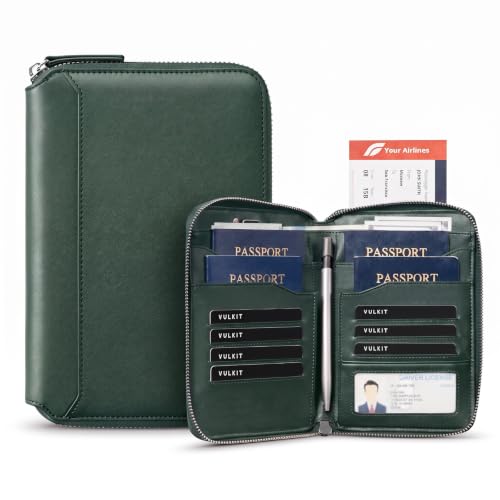 VULKIT Leather Passport Holder for 4-8 Passports Family Passport Wallet with Zipper Travel Documents Organizer for Men or Women(Olive) - color: Olive