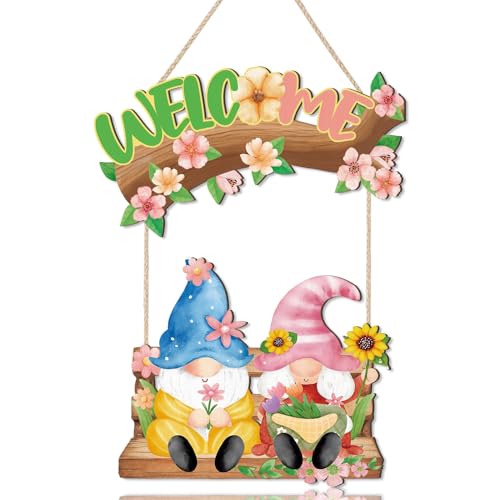 HPNIUB Spring Welcome Door Sign, Cute Gnome Hanging Sign for Home, Farmhouse Colorful Flowers Spring Wall Decor for Indoor outdoor Front Door Window Yard Wall Decorations - size: Spring gnome theme