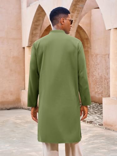 Yousify Mens Kaftan Thobe Casual Henley Shirts - color: Army Green, size: X-Large