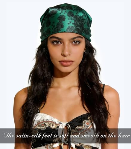 Sumolux Head Hair Scarf for Women 35" Like Satin Silk Scarf Hair Wrapping Night Bandana Large Square Scarves - color: B Dark Green Flowers