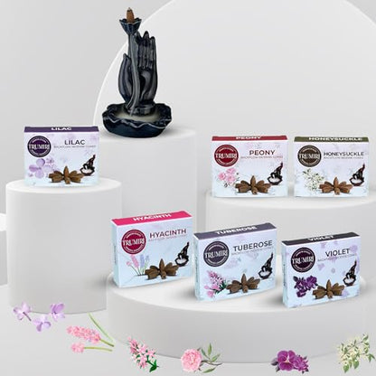 Blossom - Backflow Incense Cones for Waterfall - Scented Inscents-Cones - Peony, Lilac, Hyacinth, Tuberose, Honeysuckle, Violet - Insiensos Aromaticos - 6x10=60 Large Variety Pack - color: Blossom