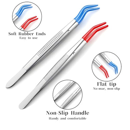 Rubber Tipped Curved Tweezers, 2 Pcs PVC Coated Craft Tweezers Stainless Steel Precision Tweezer Set for Crafts Stamps Coin Beads Jewelry Industrial Electronic Lab (Red, Blue)