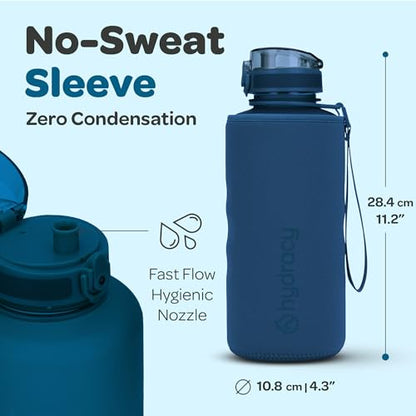 Hydracy 타임 마커 및 과일 인퓨저가 있는 물병 - BPA 프리 - 1.9L(64온스) | 샘 방지 체육관 병, 마실 시간이 있고 땀이 나지 않는 슬리브 - 피트니스 스포츠 및 야외 활동에 이상적입니다 - color: 미드나잇 블루, size: 64온스