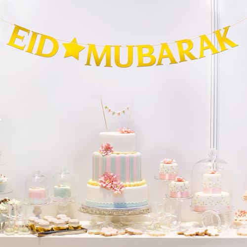 Eid Mubarak Banner - Moon Ramadan Kareem Party Decor - Baby Shower - Perfect Eid Gifts - Islamic Muslim Party Supplies - Mirror Gold