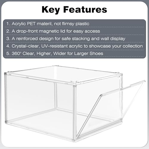 Clear Acrylic Shoe Boxes Organizer, Fits Men’s 12, Crystal Clear 1 Pack | Extra-Thick Reinforced Stackable Shoe Storage with Magnetic Door, Foldable Dust-Proof Display Cases for Closet & Entryway - size: Medium