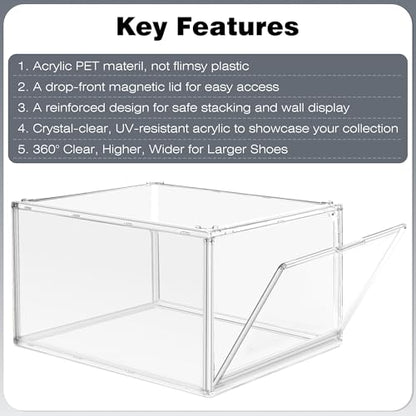 Clear Acrylic Shoe Boxes Organizer, Fits Men’s 12, Crystal Clear 1 Pack | Extra-Thick Reinforced Stackable Shoe Storage with Magnetic Door, Foldable Dust-Proof Display Cases for Closet & Entryway - size: Medium