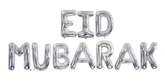 Eid Mubarak Balloon Banner – Eid Decorations for Home & Party | 16" Foil Letter Balloons in Gold, Silver, Rose Gold & Black | No Helium Needed | Islamic Decoration & Hanging Decorations - Silver - color: Silver