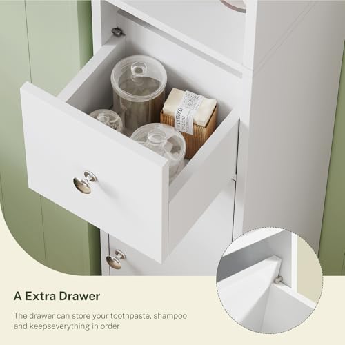 Bathroom Cabinet, Narrow Bathroom Storage Cabinet with 5 Adjustable Shelves & Drawer, Freestanding Cupboard for Small Spaces, White - color: White-5 Shelves
